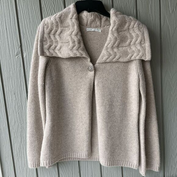 Sarah Spencer Lambswool Angora Cardigan Cable Collar Beige Button Sweater S - Picture 1 of 11